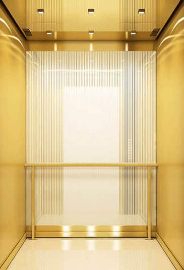 KONE Highrise MiniSpace ™ elevator with New Luxury style white and gold interior